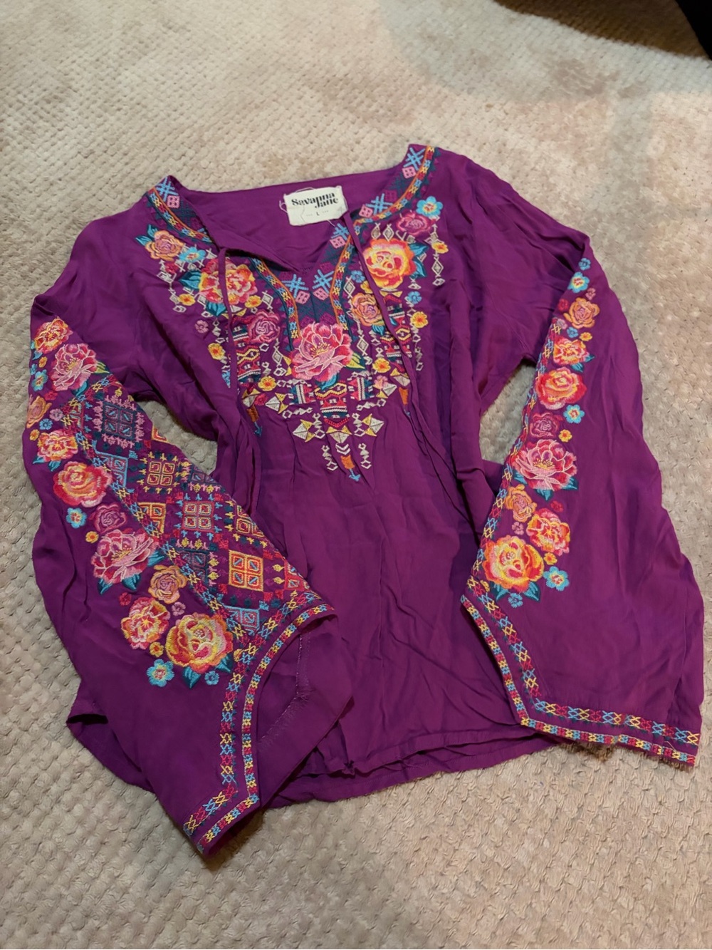 Sundance Vibrant Purple Floral Embroidered Peasant Blouse